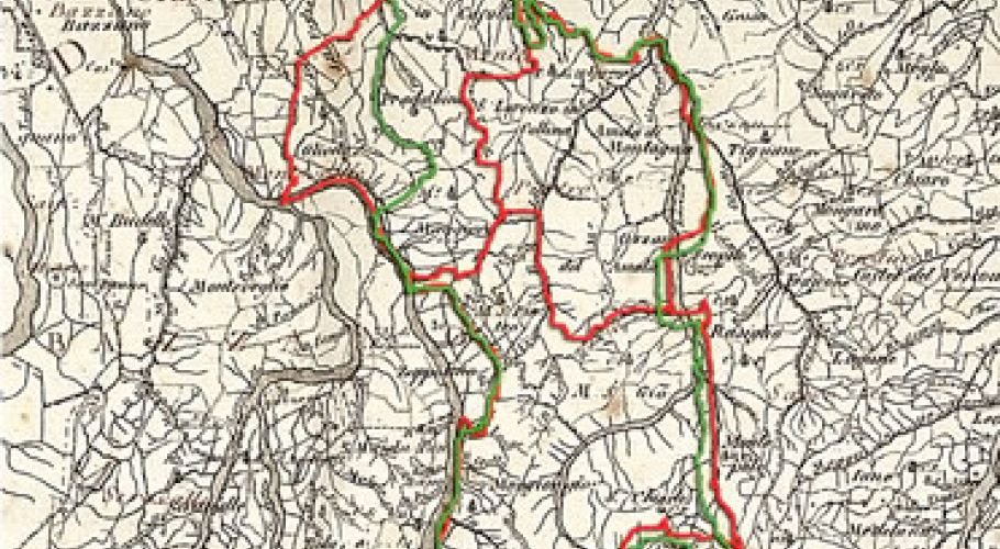 In verde i confini del Comune di Monte San Pietro nel 1810, in rosso i confini delle tre municipalità accorpate